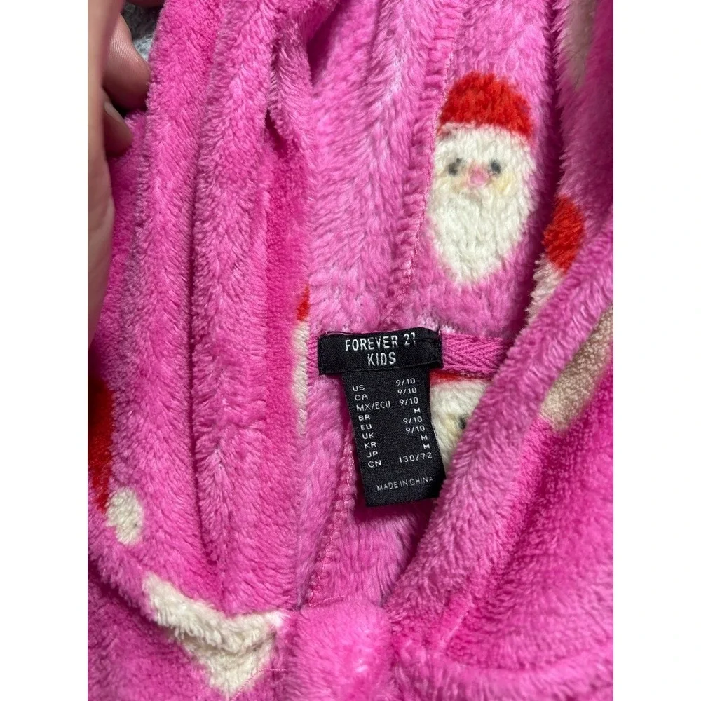 Forever 21 Kids Girls 9/10 Pink Santa Hooded One Piece‎ Pajamas Christmas Cozy